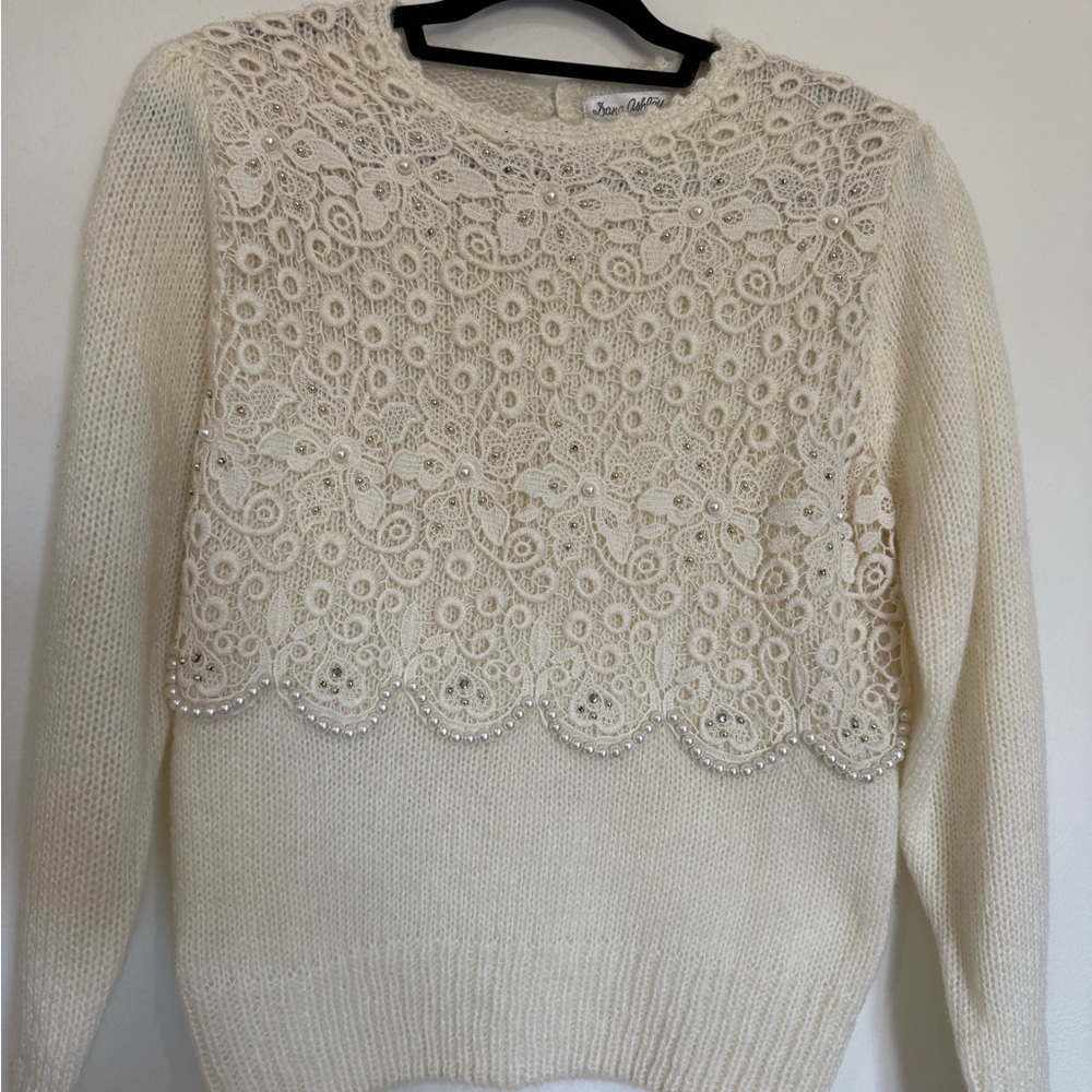 Chic Ivory Lace Sweater with pearl beading